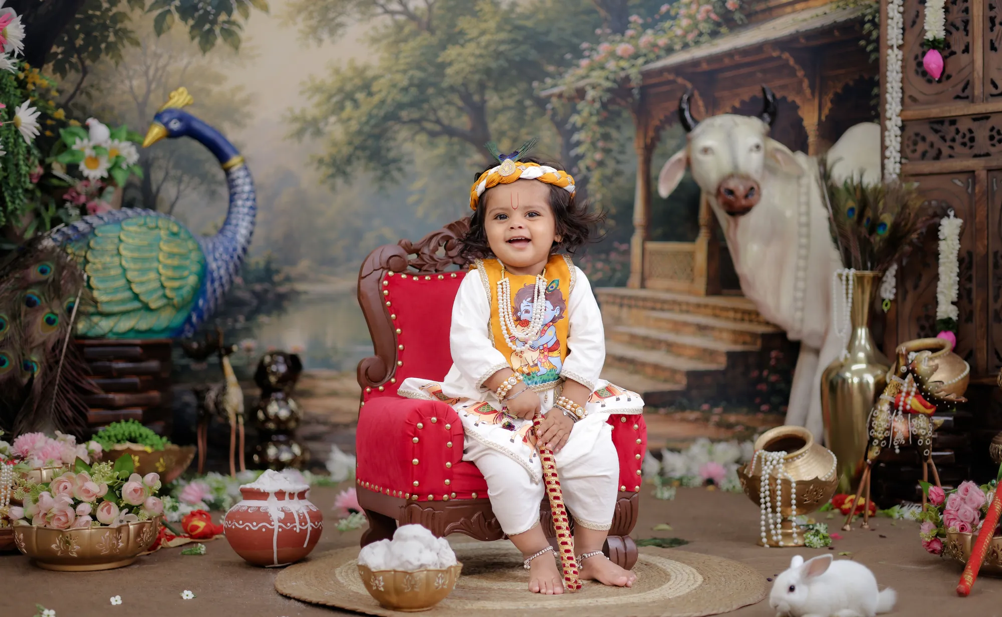 Little one dressed as Krishna on a theme set with a peacock and makhan matkis